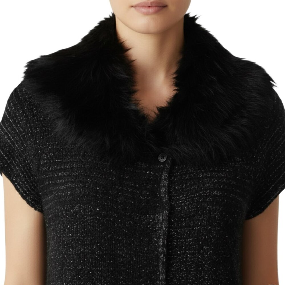 Style & Co Cardigan Sweater Black Silver Threading Removable Faux Trim Medium - Picture 4 of 9